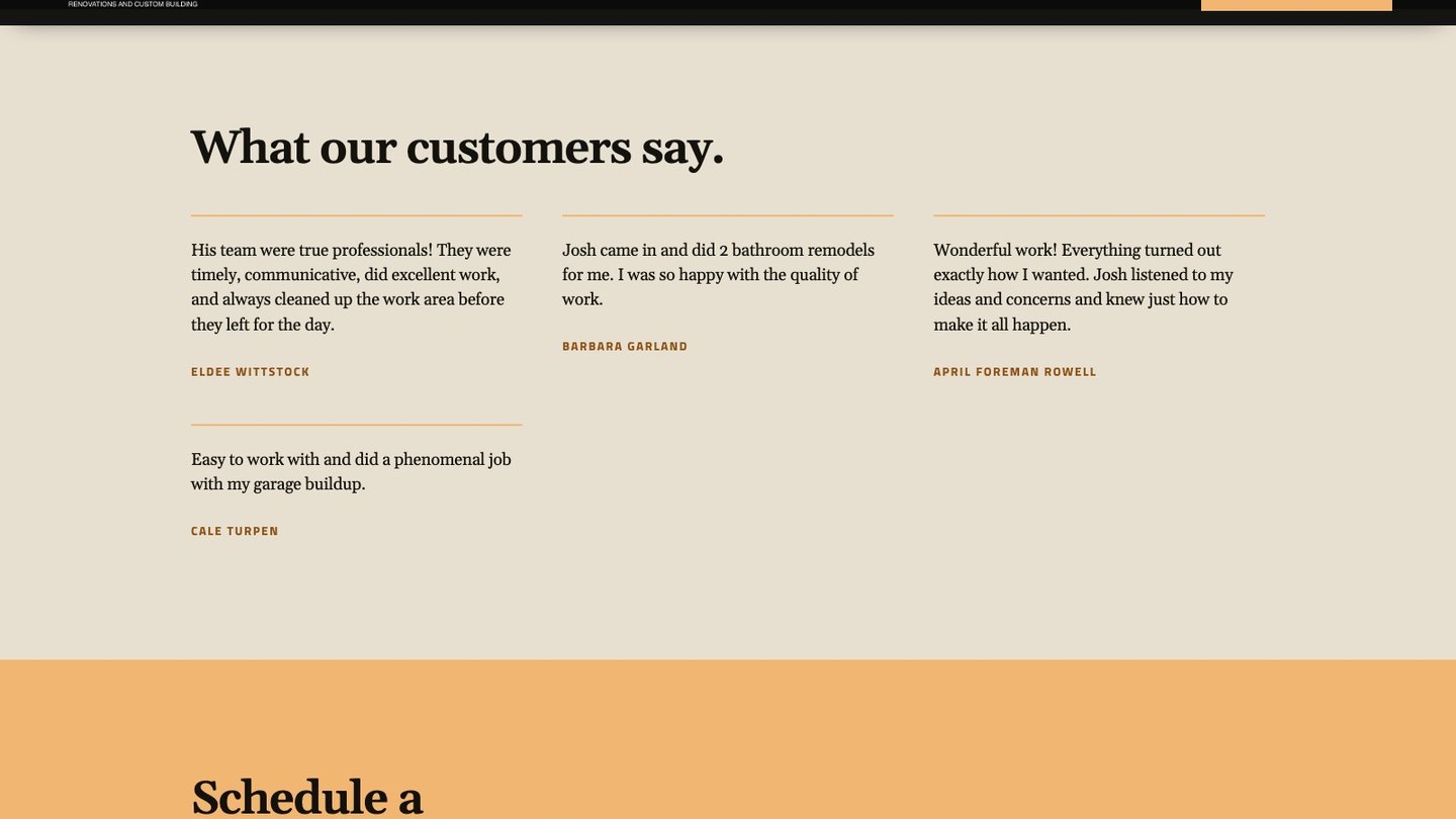 The customer reviews section of the new homepage