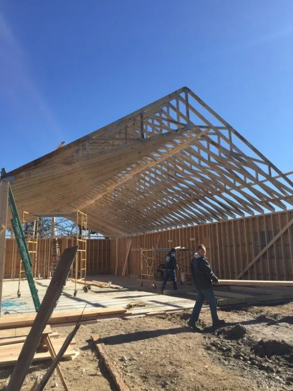 Roof trusses set over the framed walls of a new build on a clear day